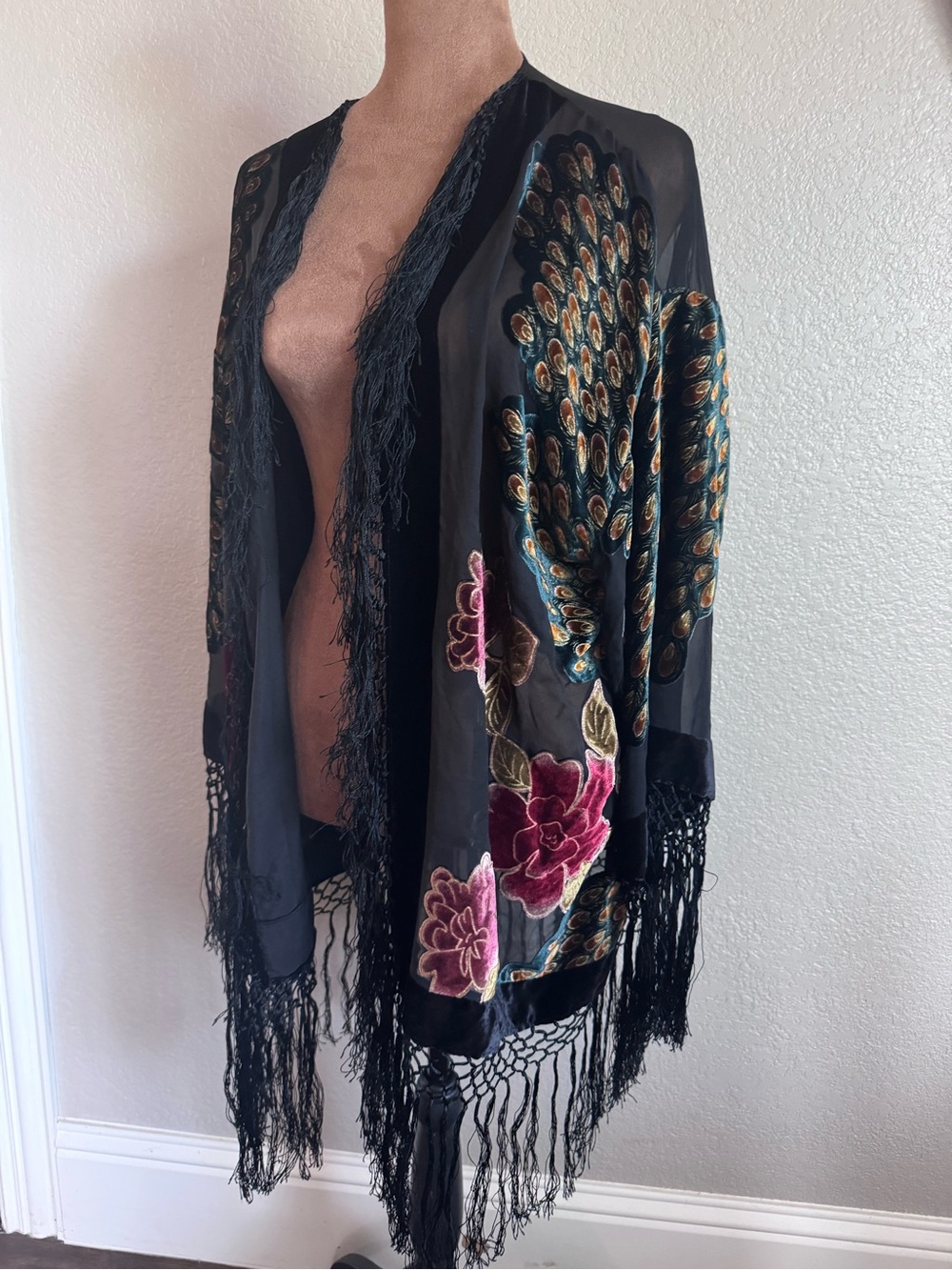 Silk Blend Peacock Burnout Velvet Fringe Duster Kimono Boho Statement
